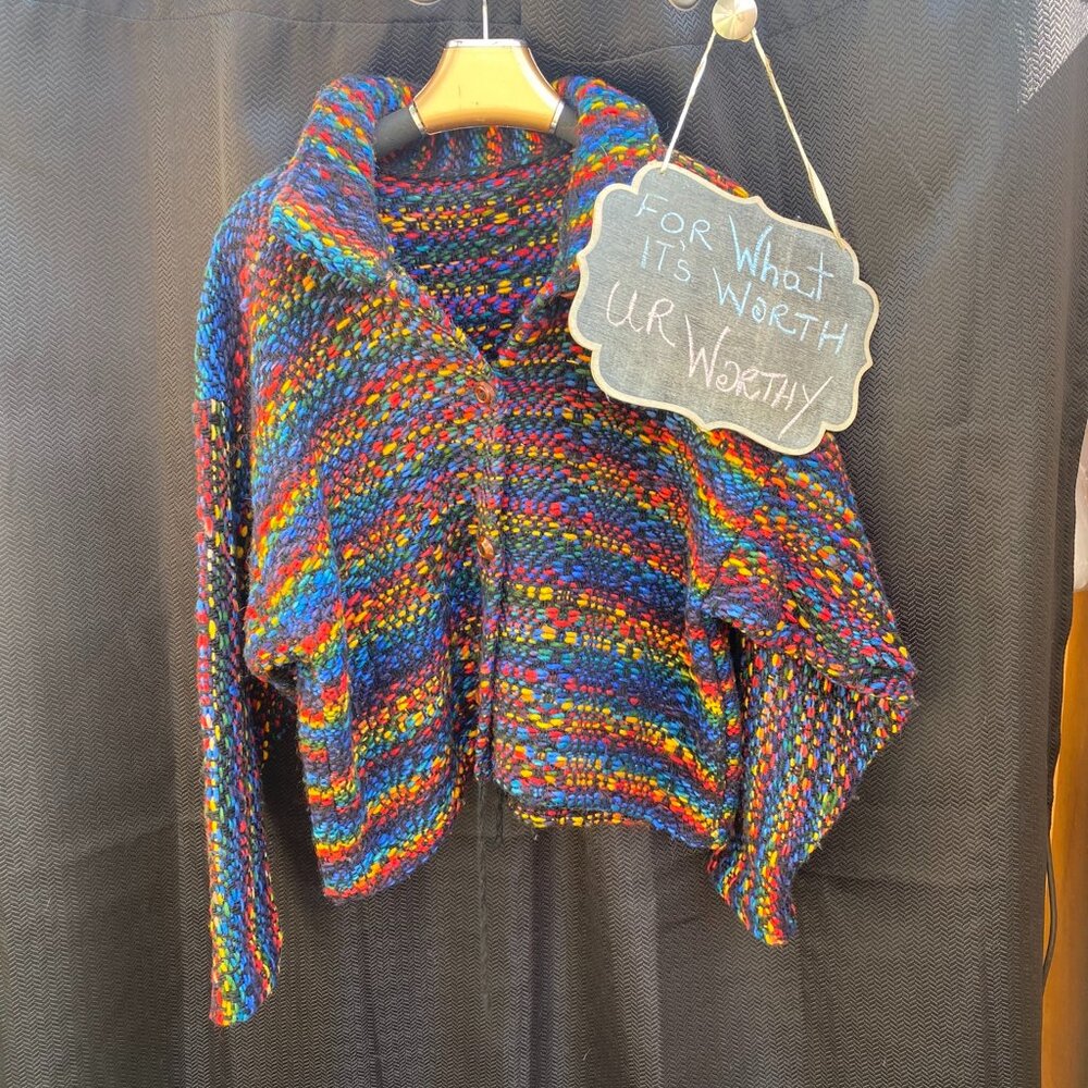 Vintage Wool Sweater Coat – Boho Knit Cardigan with Drawstring Waist (Size L)